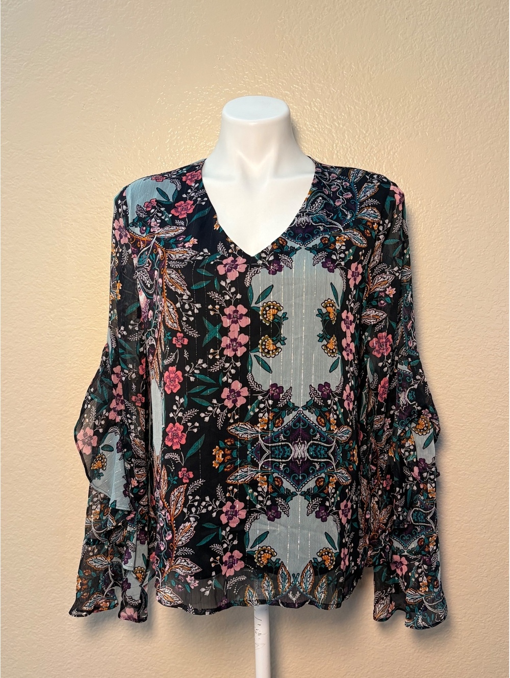 Y2K Fairy IZ Byer Floral Print Long Sleeve Flowy Blouse #11